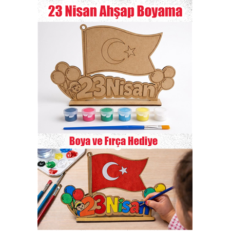 23 Nisan Ahşap Boyama Fırça Boya Hediye